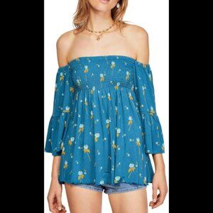 Free People Lana Tunic Teal Floral Off the Shoulder Size Medium